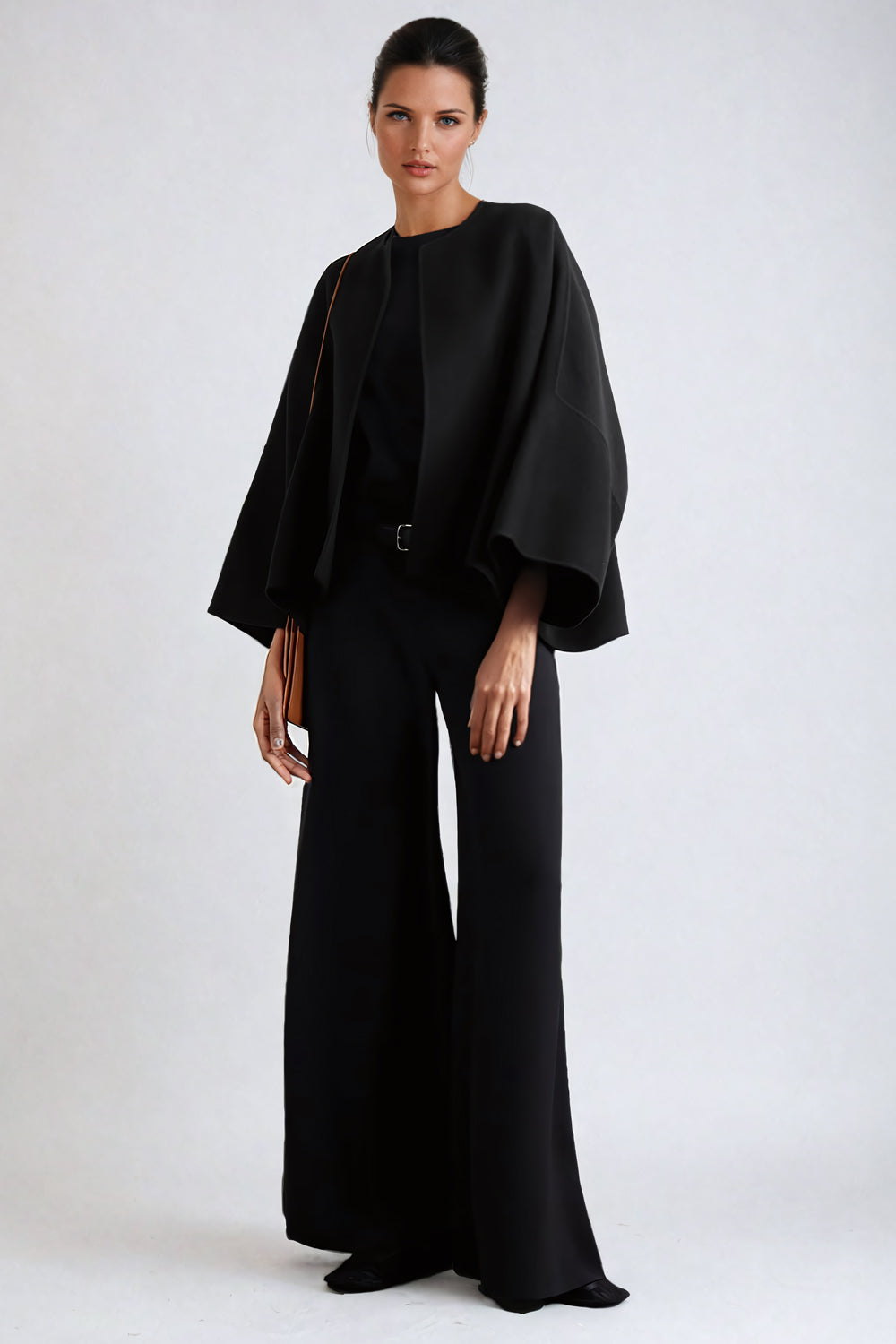 Open-Front Cape Jacket with Wide Sleeves - Black