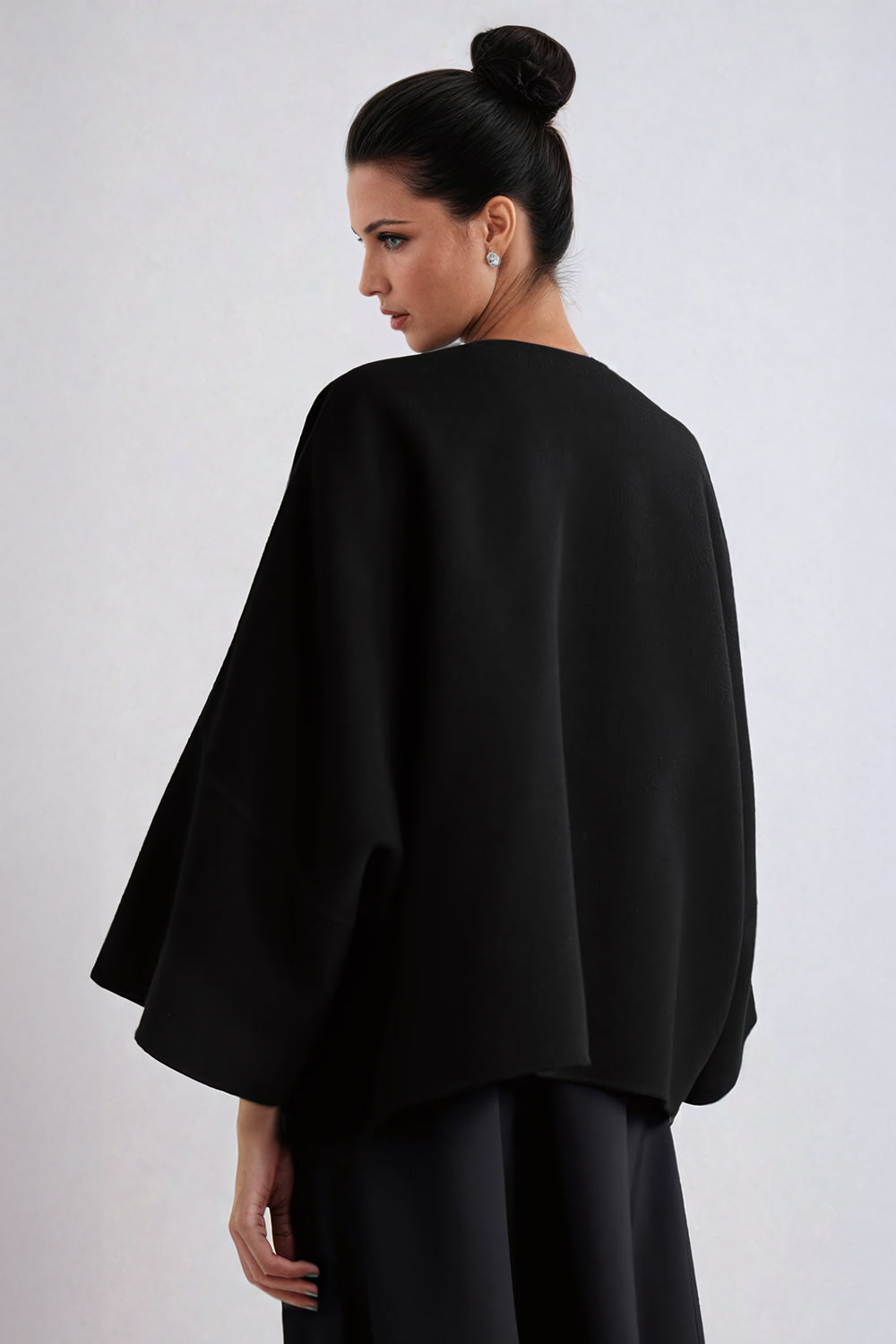 Open-Front Cape Jacket with Wide Sleeves - Black