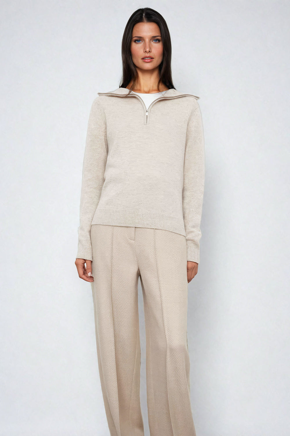 Hooded Knit Sweater with Half-Zip Front - Beige