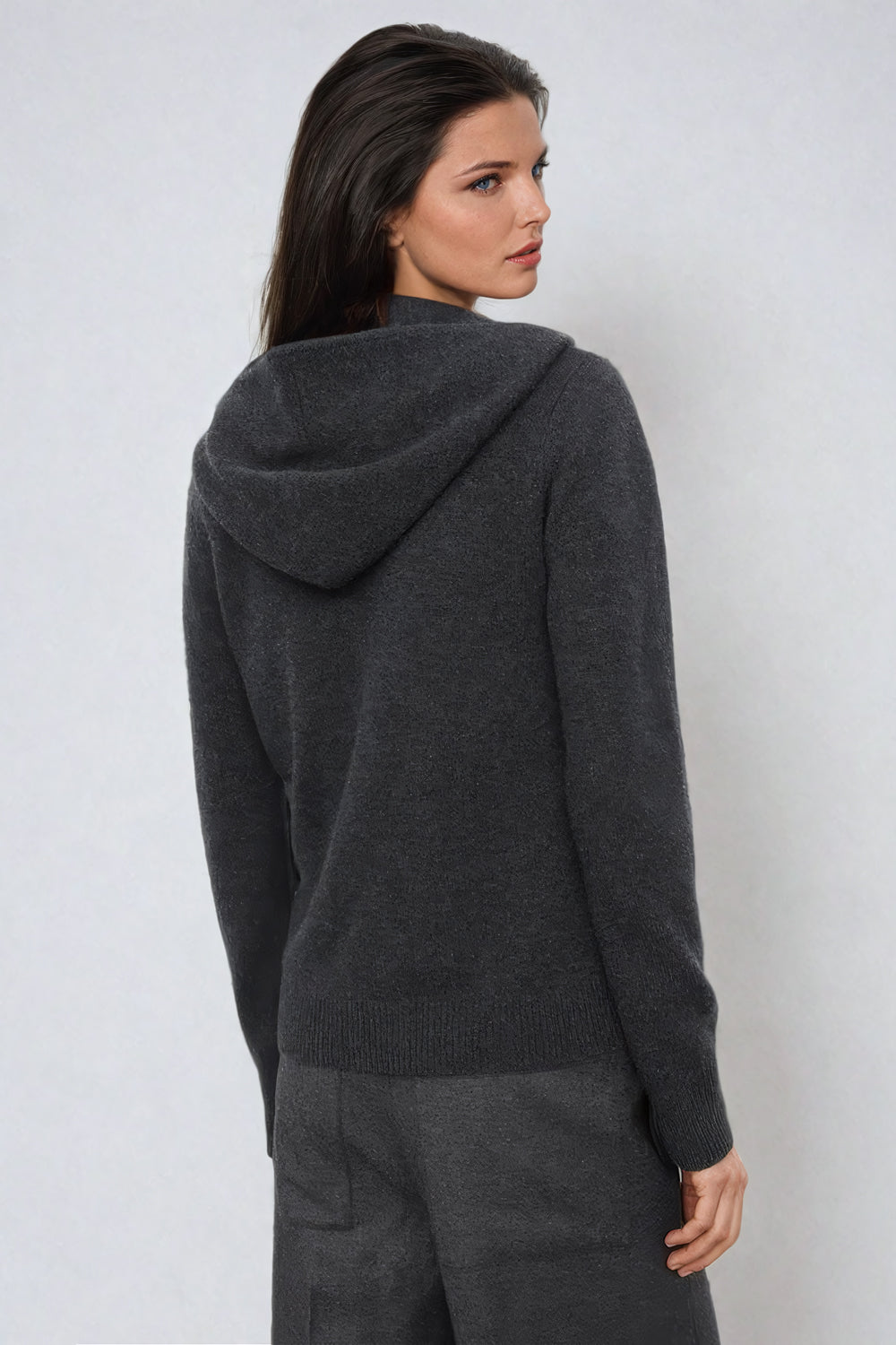 Hooded Knit Sweater with Half-Zip Front - Black