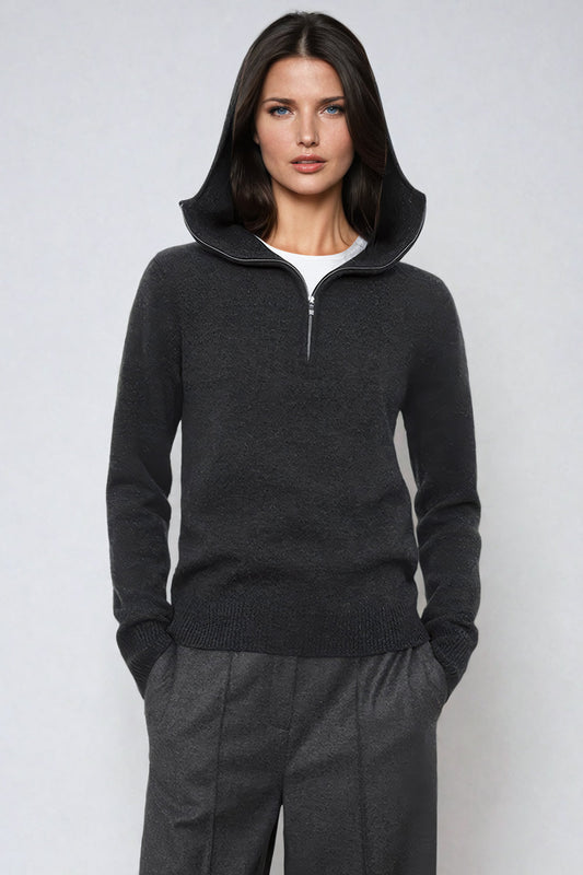 Hooded Knit Sweater with Half-Zip Front - Black