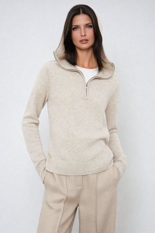 Hooded Knit Sweater with Half-Zip Front - Beige