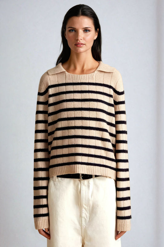 Striped Rib-Knit Sweater with Open Collar - Beige