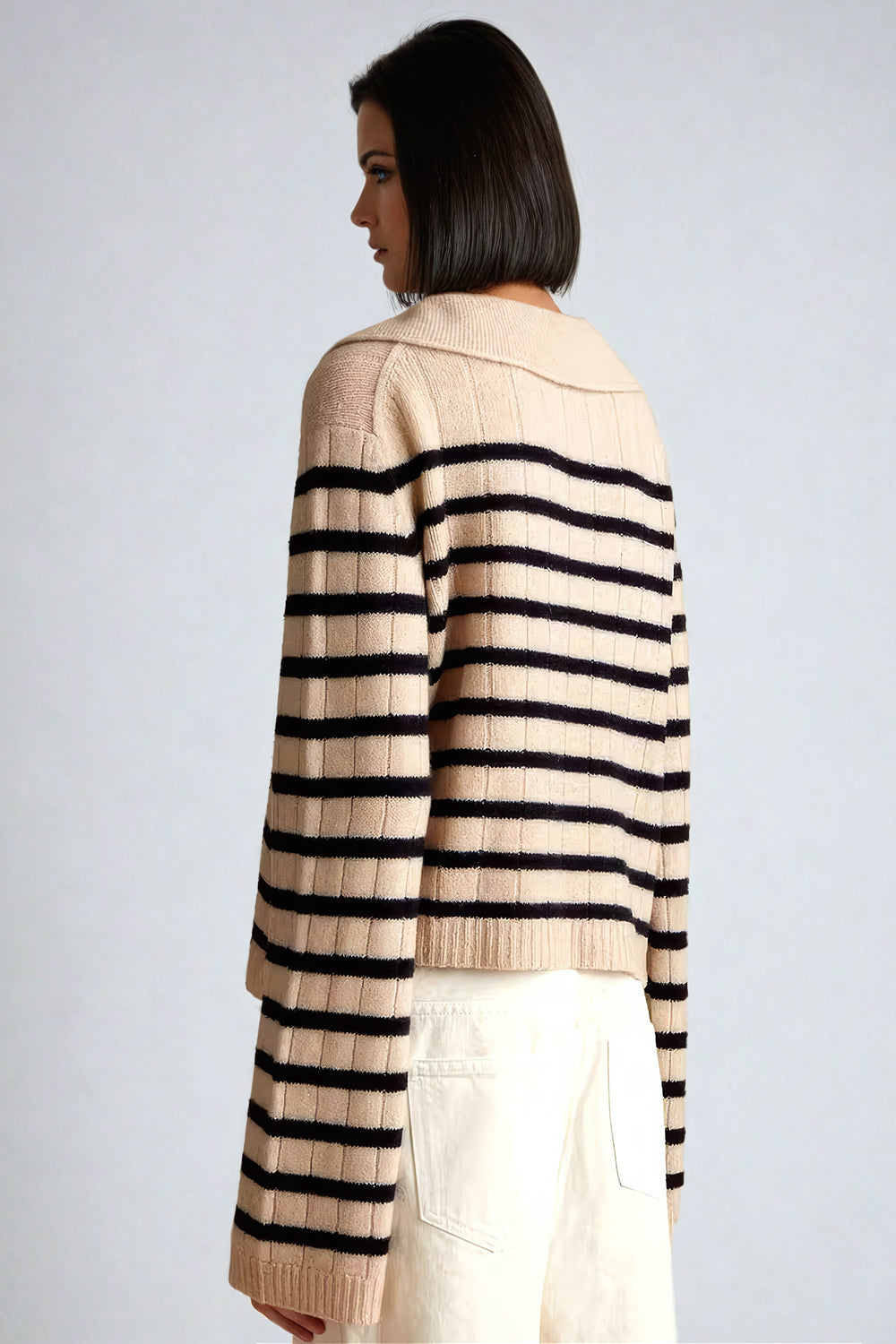 Striped Rib-Knit Sweater with Open Collar - Beige