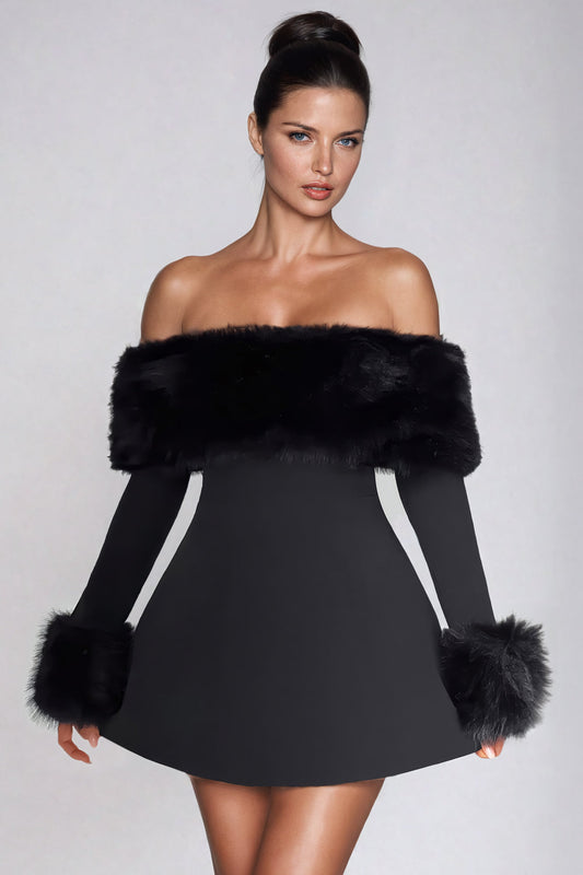 Off-Shoulder Mini Dress with Fur Trim Detail - Black