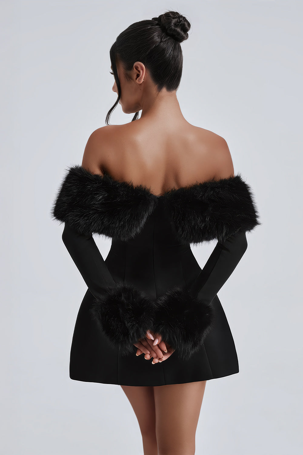 Off-Shoulder Mini Dress with Fur Trim Detail - Black