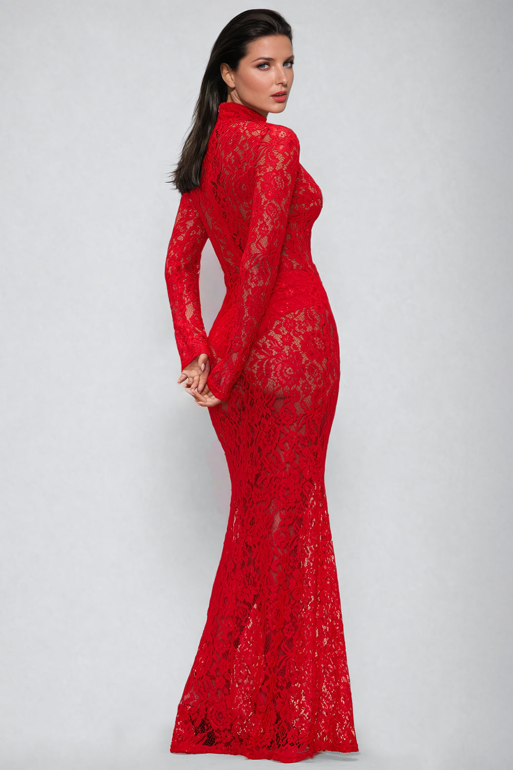 Sheer Lace High-Neck Long Sleeve Maxi Dress - Red