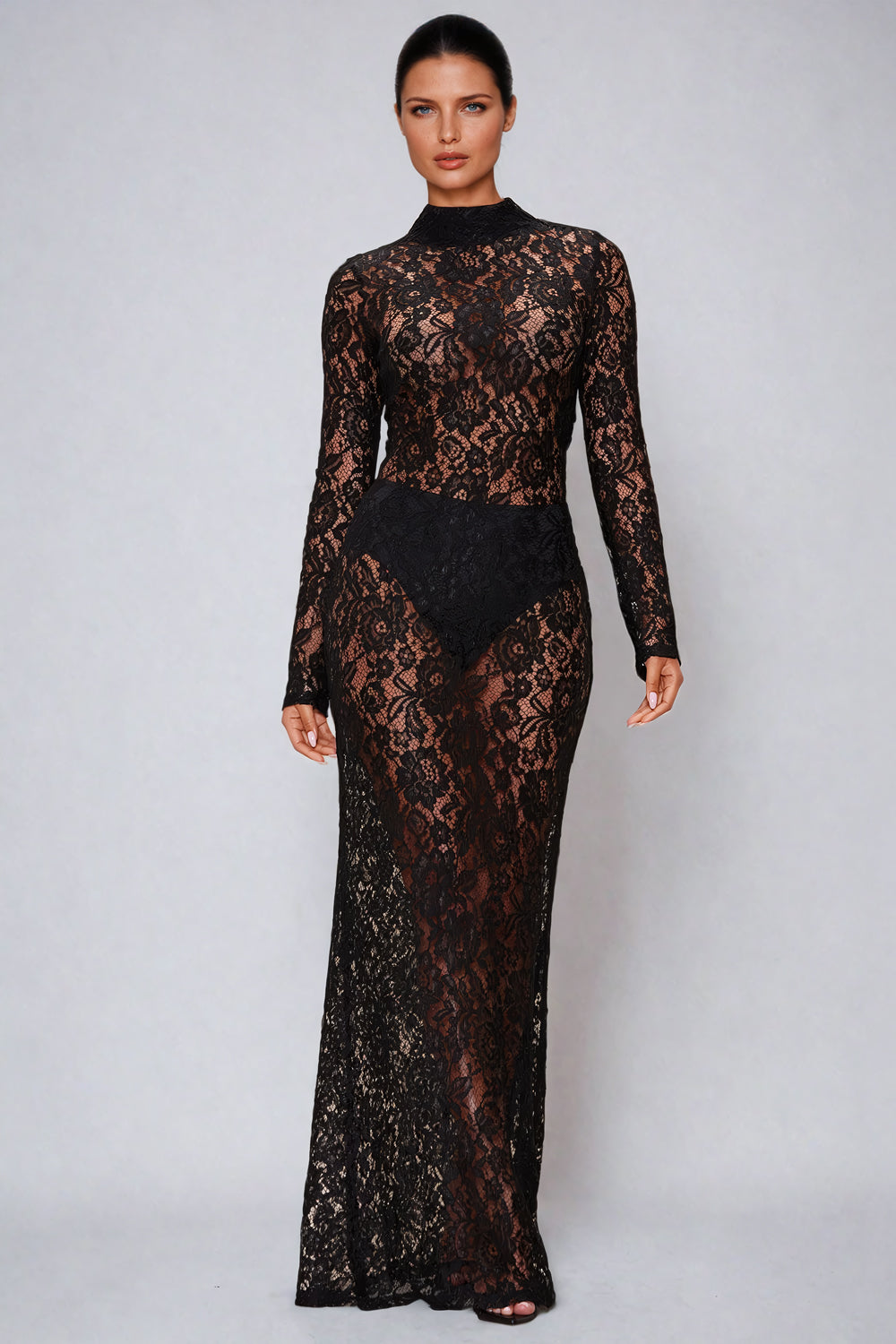 Sheer Lace High-Neck Long Sleeve Maxi Dress - Black