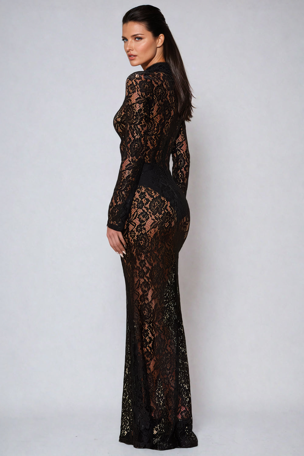 Sheer Lace High-Neck Long Sleeve Maxi Dress - Black