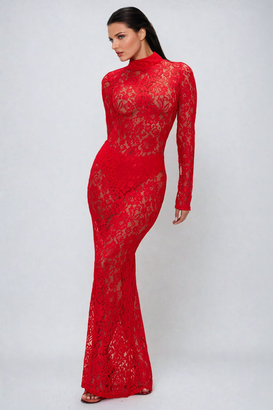 Sheer Lace High-Neck Long Sleeve Maxi Dress - Red