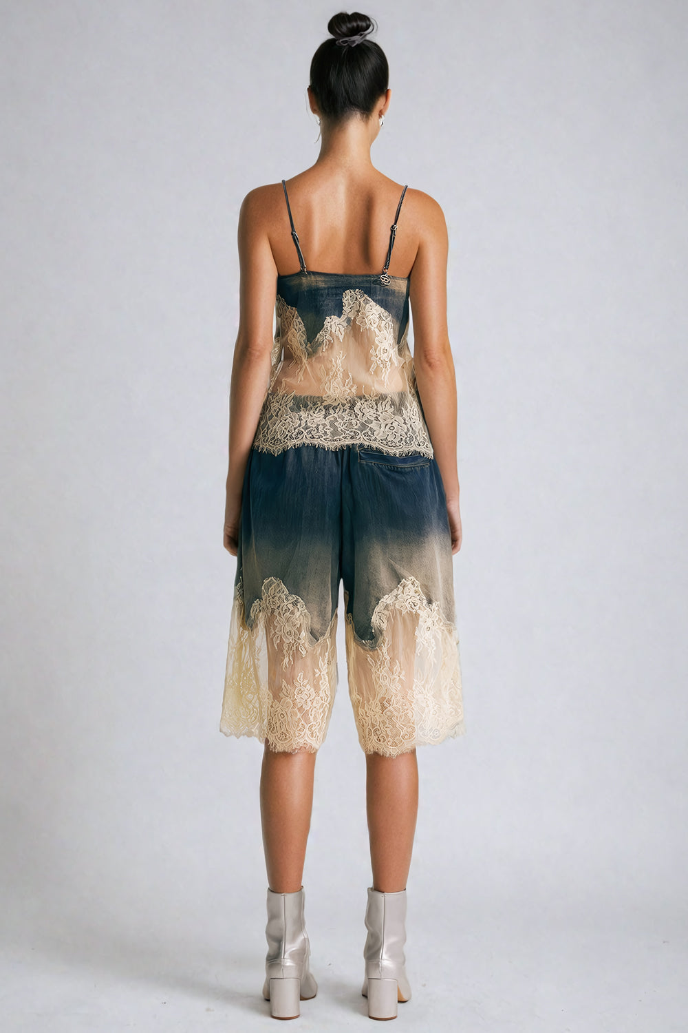 Two-Piece Set with Lace Overlay Top and Denim Shorts - Blue