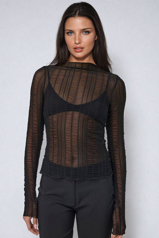 Sheer Turtleneck Ribbed Long-Sleeve Top - Black