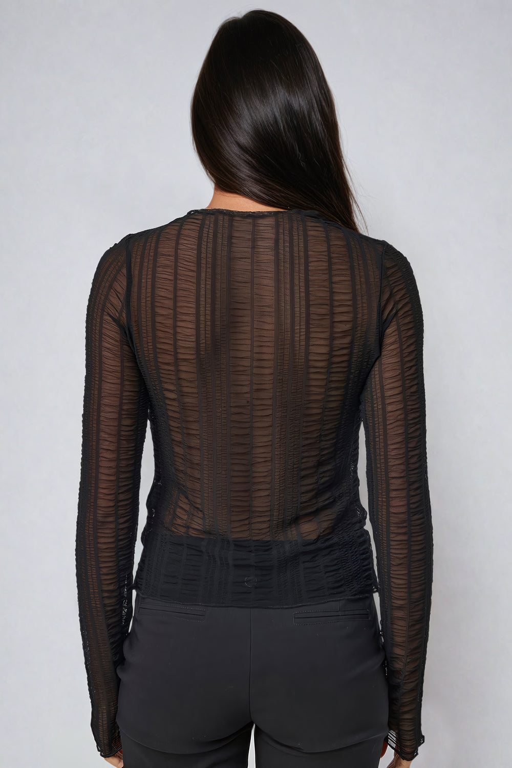 Sheer Turtleneck Ribbed Long-Sleeve Top - Black