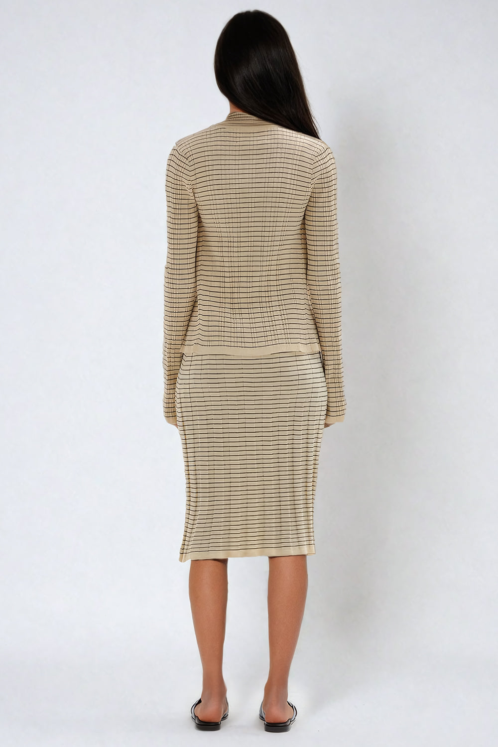 Striped Button-Up Knit Cardigan with Wide Collar - Beige