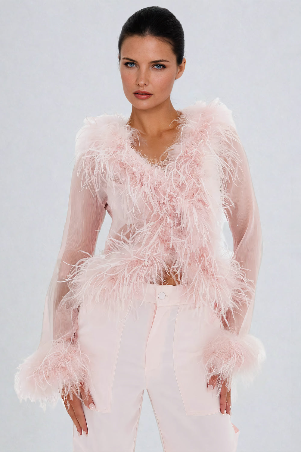 Feather-Trim Sheer Long-Sleeve Top with Layered Detail - Pink