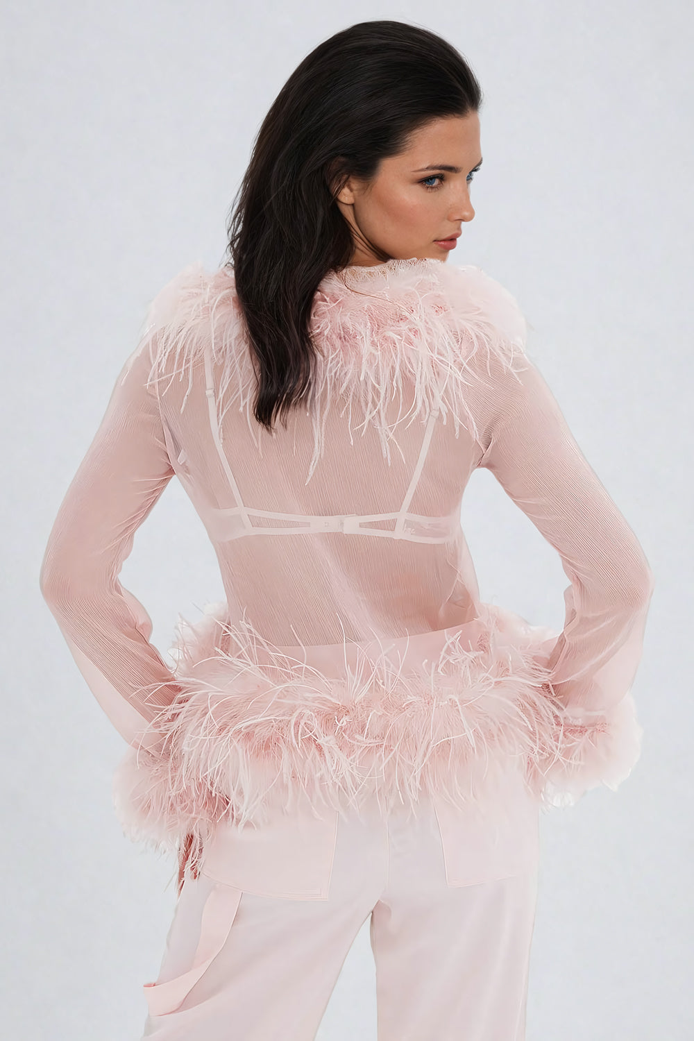 Feather-Trim Sheer Long-Sleeve Top with Layered Detail - Pink