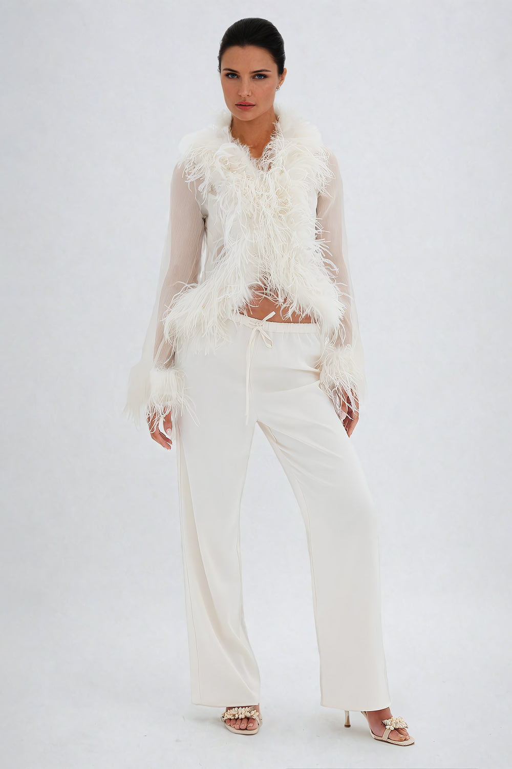 Feather-Trim Sheer Long-Sleeve Top with Layered Detail - White