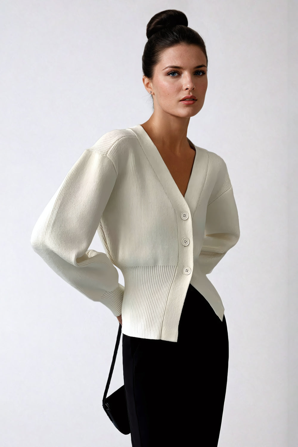 V-Neck Ribbed Cardigan Sweater - White