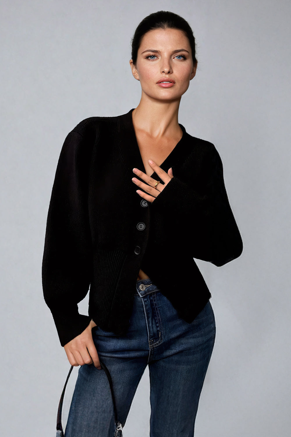 V-Neck Ribbed Cardigan Sweater - Black