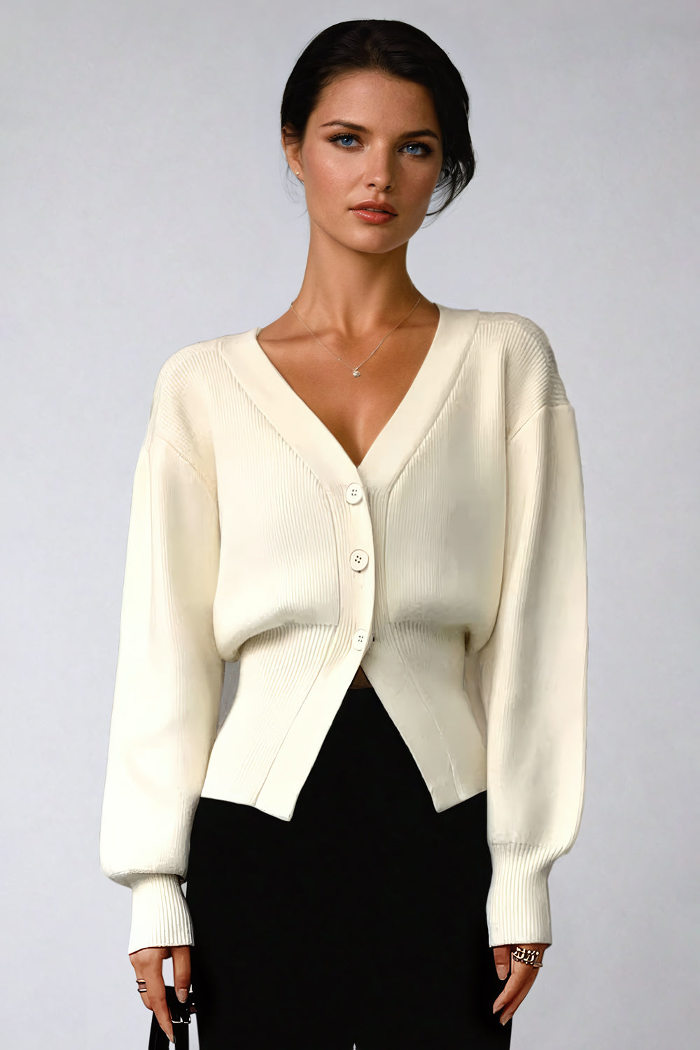 V-Neck Ribbed Cardigan Sweater - White