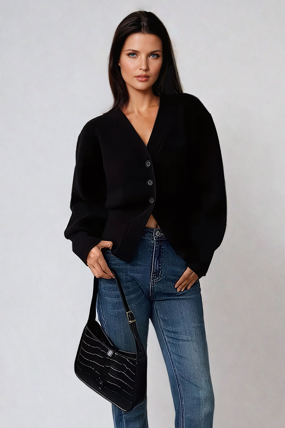 V-Neck Ribbed Cardigan Sweater - Black