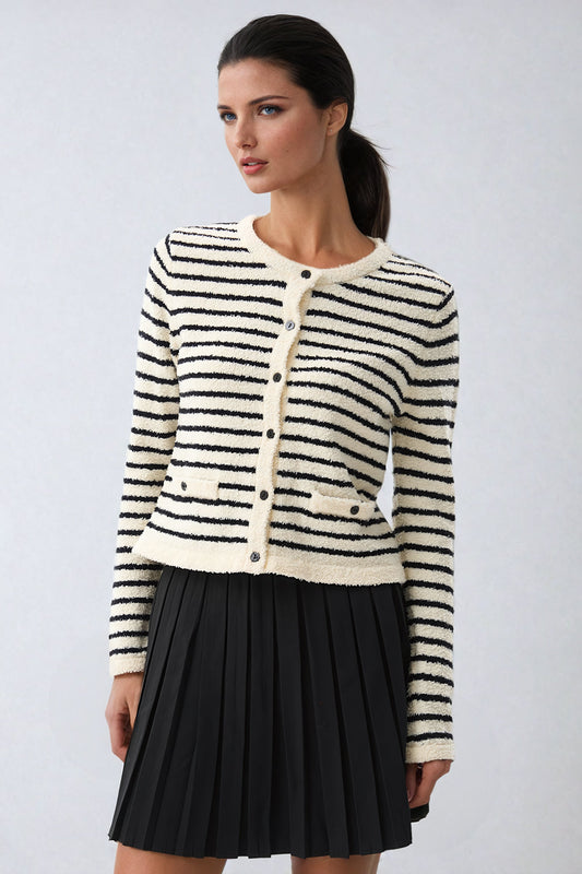 Striped Button-Front Textured Knit Jacket - Black