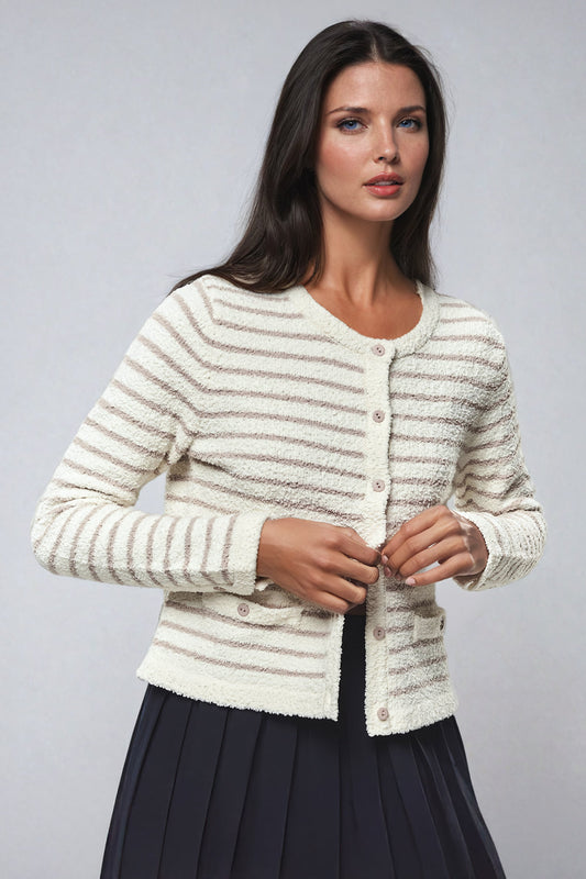 Striped Button-Front Textured Knit Jacket - White