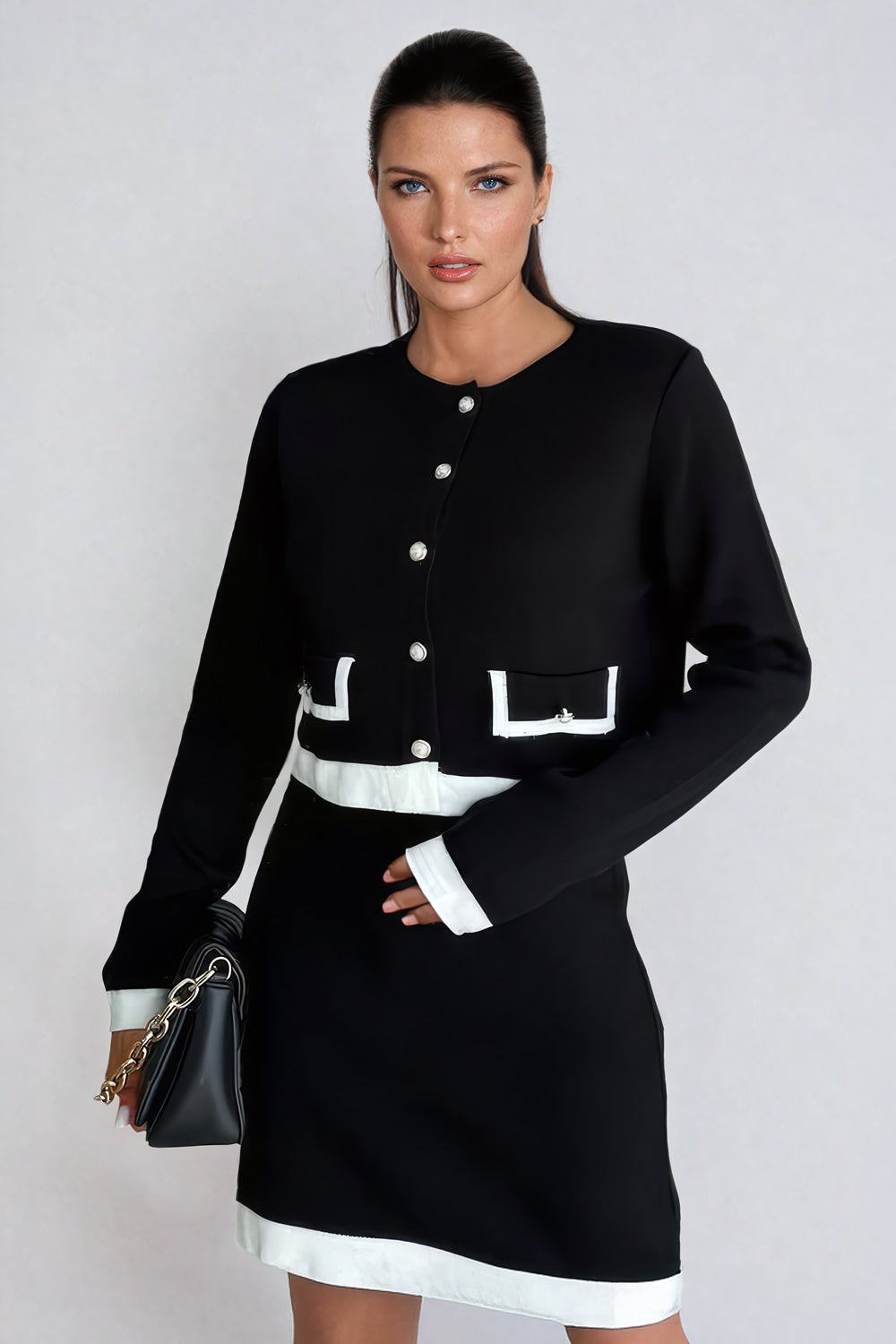 Two-Piece Set with Contrast-Trim Cardigan and Mini Skirt - Black