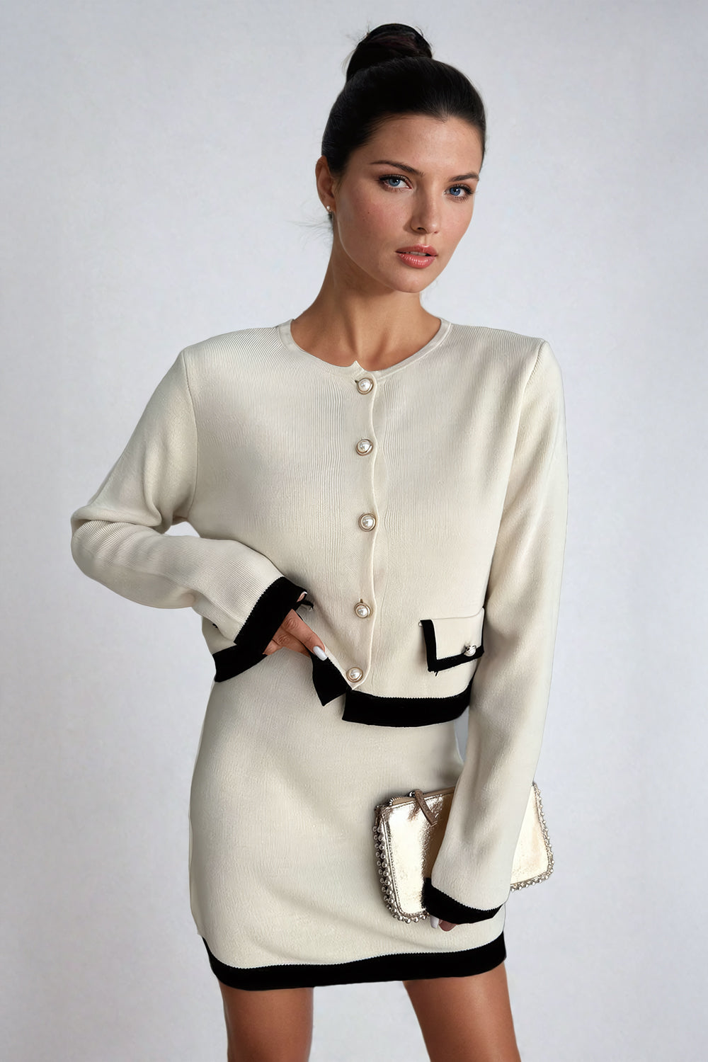 Two-Piece Set with Contrast-Trim Cardigan and Mini Skirt - White