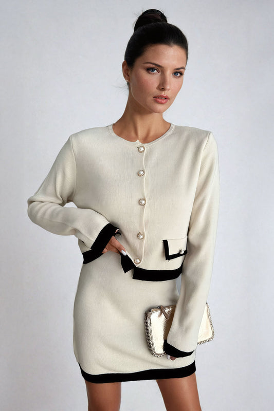 Two-Piece Set with Contrast-Trim Cardigan and Mini Skirt - White