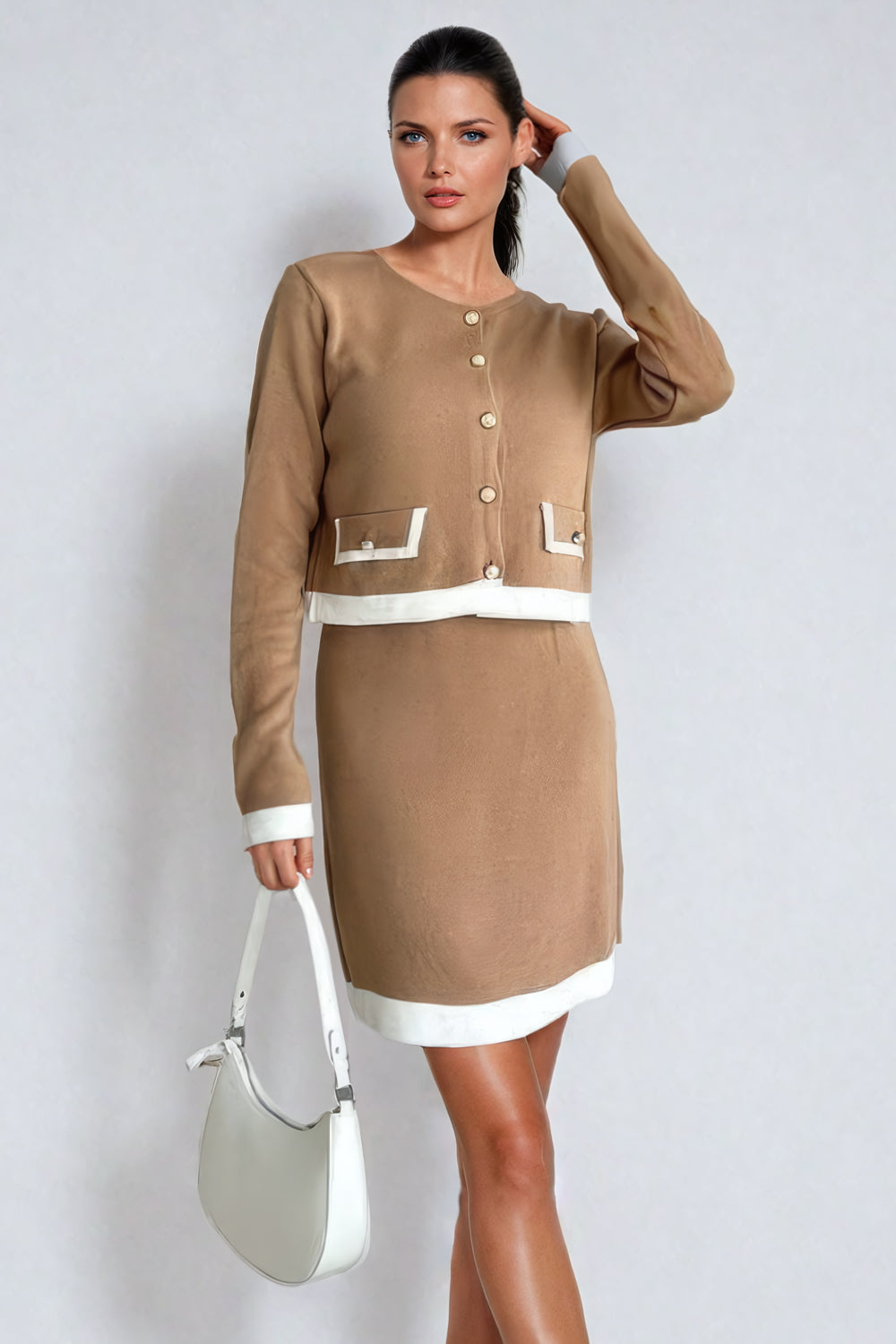 Two-Piece Set with Contrast-Trim Cardigan and Mini Skirt - Brown