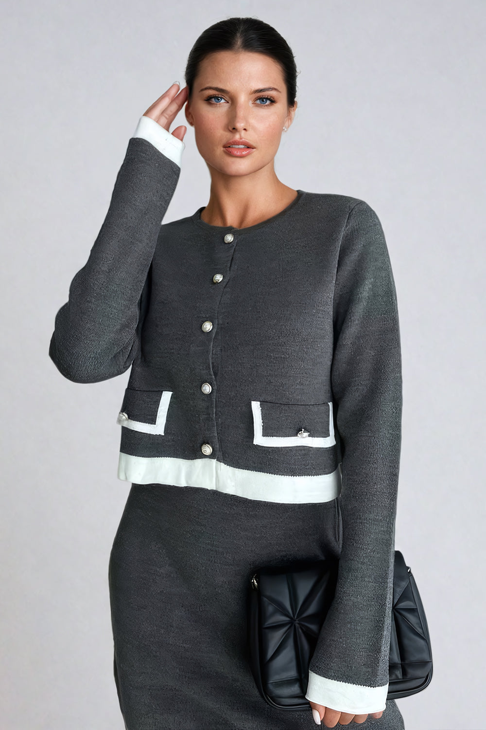 Two-Piece Set with Contrast-Trim Cardigan and Mini Skirt - Gray