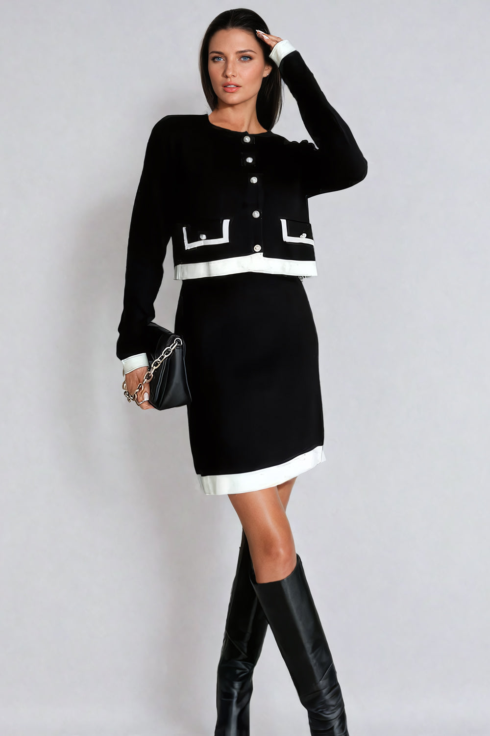 Two-Piece Set with Contrast-Trim Cardigan and Mini Skirt - Black