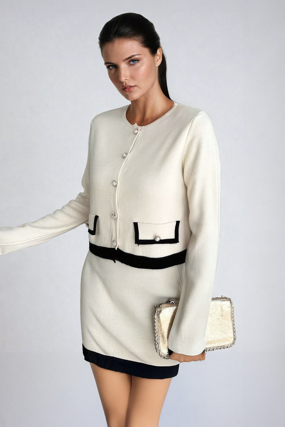 Two-Piece Set with Contrast-Trim Cardigan and Mini Skirt - White