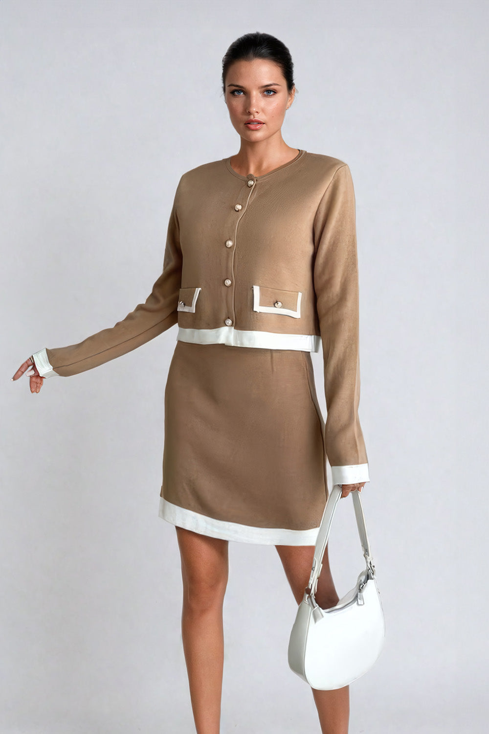 Two-Piece Set with Contrast-Trim Cardigan and Mini Skirt - Brown