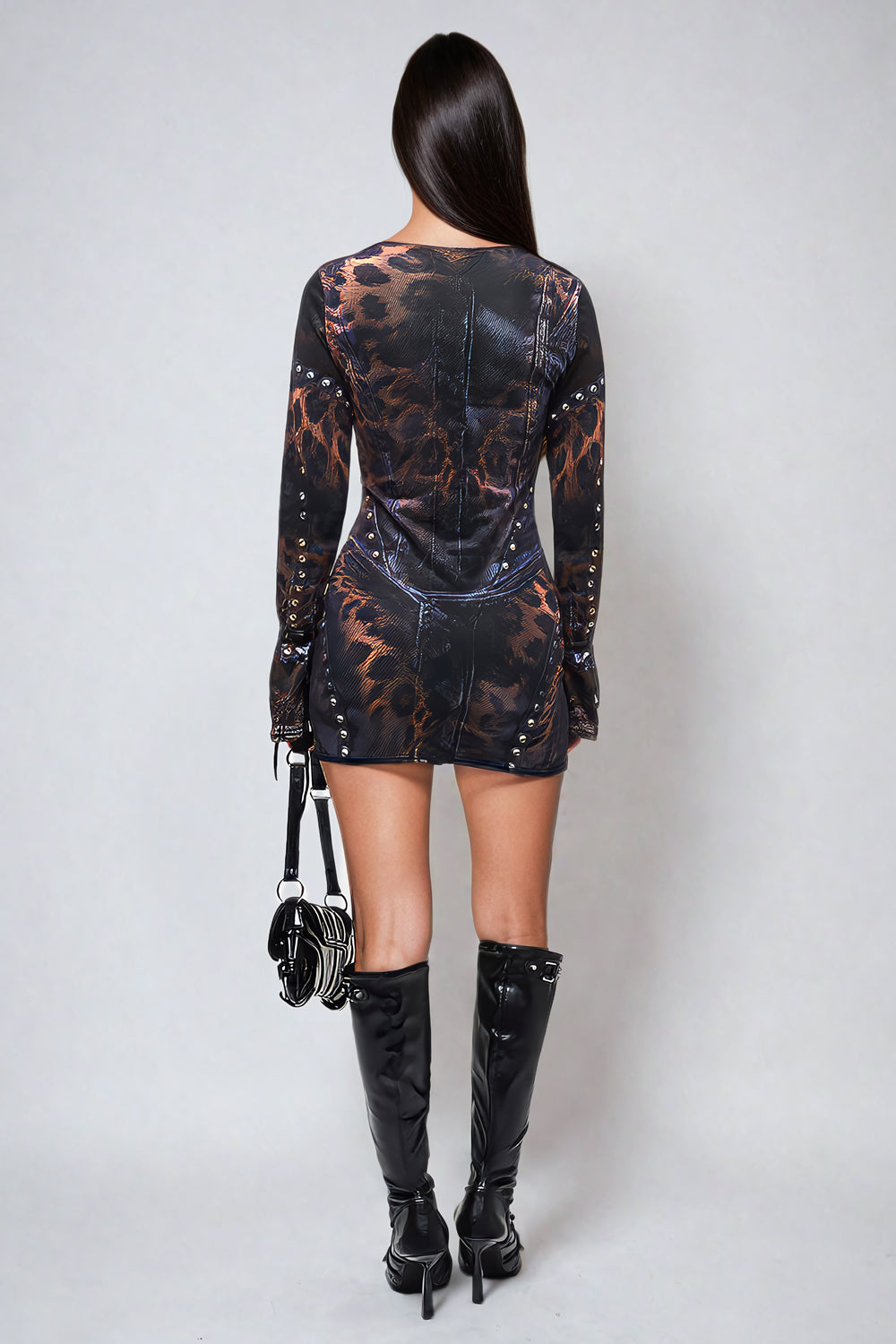 Long-Sleeve Animal Print Mini Dress with Stud Detailing - Black