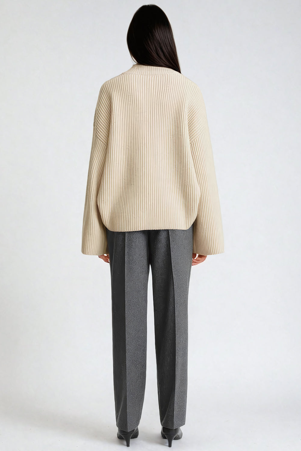 Oversized Ribbed Turtleneck Sweater - Beige