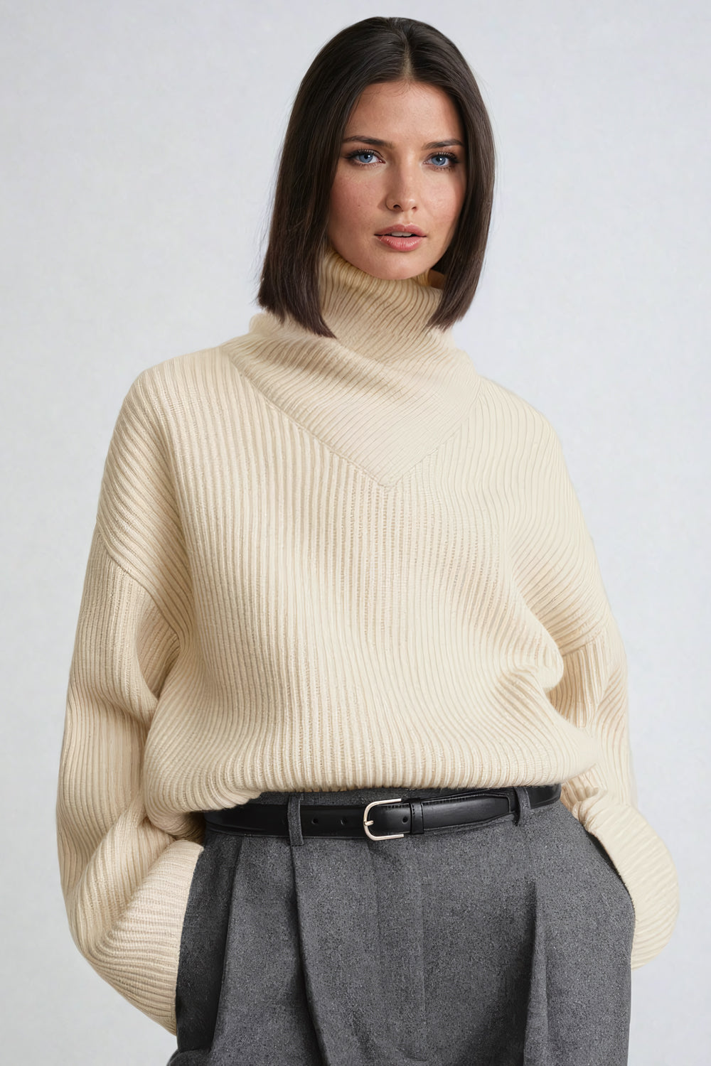 Oversized Ribbed Turtleneck Sweater - Beige