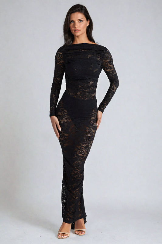 Long-Sleeve Lace Maxi Dress with Open Back - Black