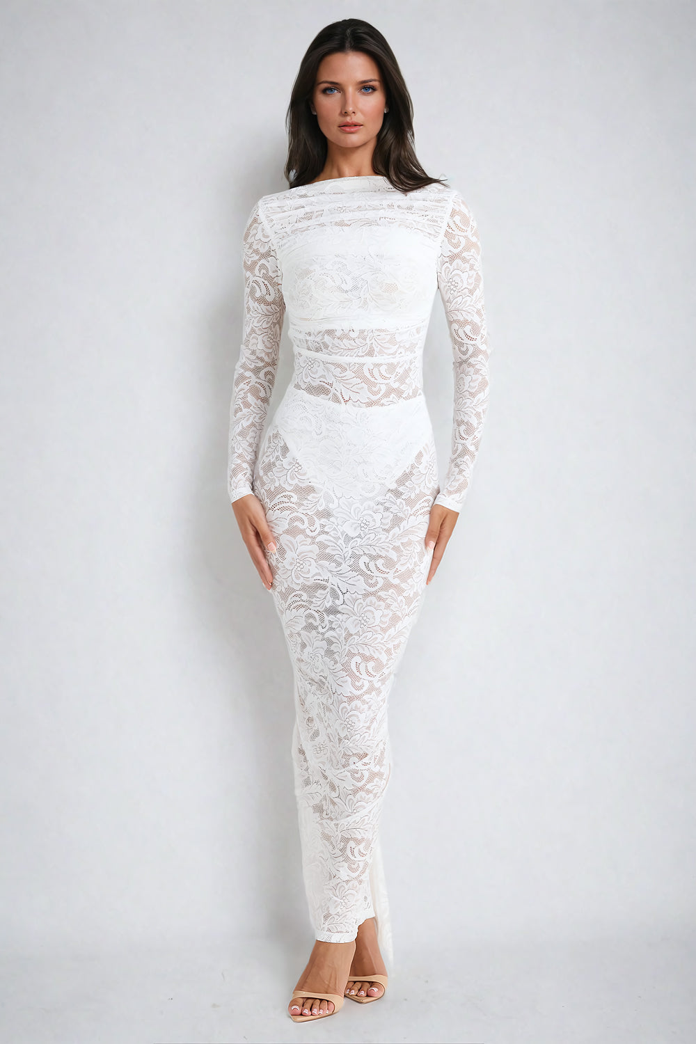 Long-Sleeve Lace Maxi Dress with Open Back - White