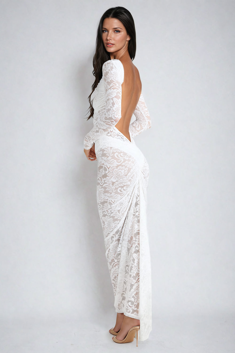 Long-Sleeve Lace Maxi Dress with Open Back - White