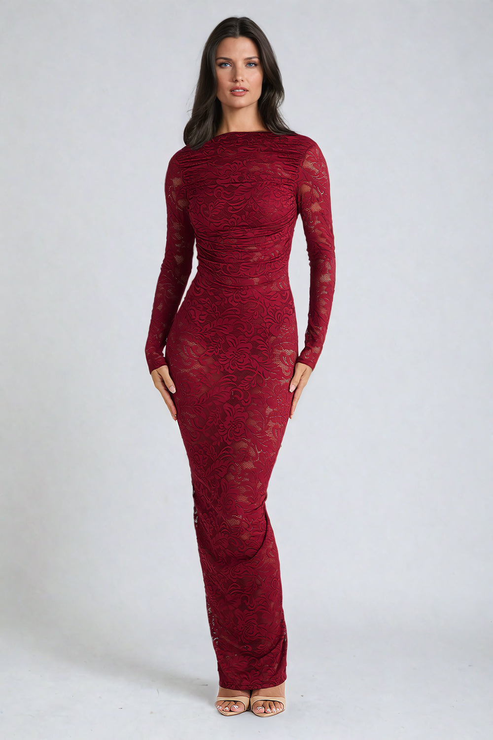 Long-Sleeve Lace Maxi Dress with Open Back - Red