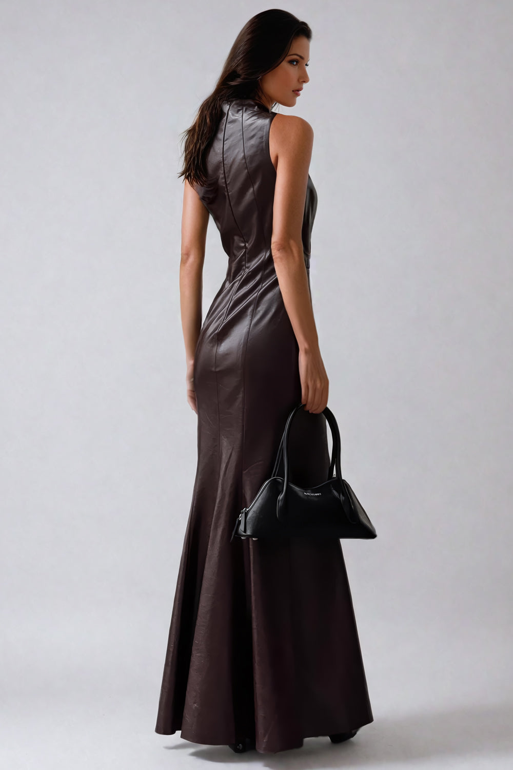 Sleeveless High-Neck Leather Maxi Dress with Flared Hem - Dark Brown