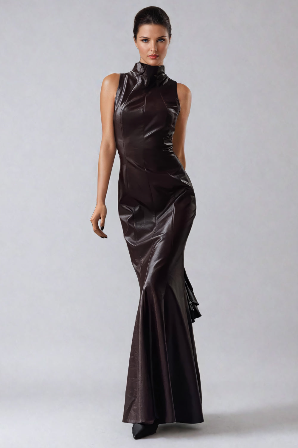 Sleeveless High-Neck Leather Maxi Dress with Flared Hem - Dark Brown