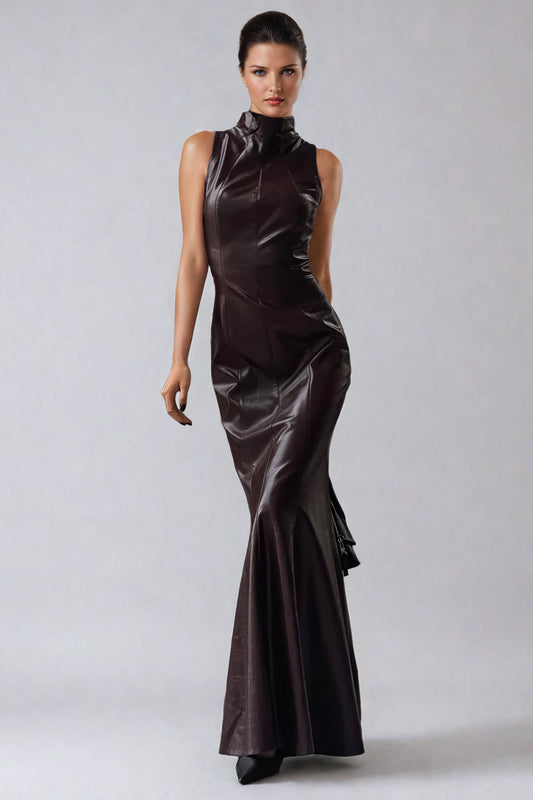 Sleeveless High-Neck Leather Maxi Dress with Flared Hem - Dark Brown