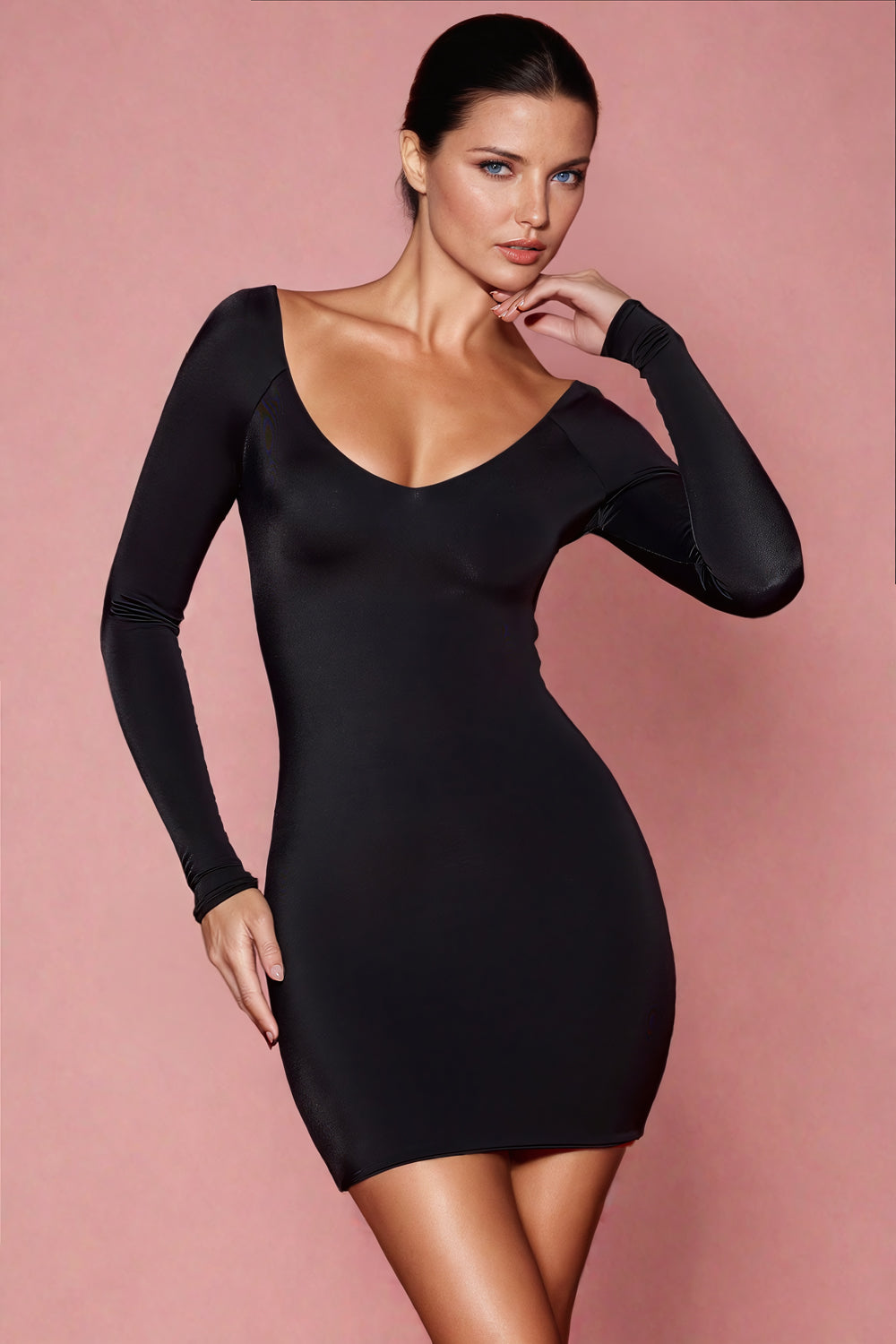 Long-Sleeve Deep Scoop Neck Mini Dress with Open Back - Black