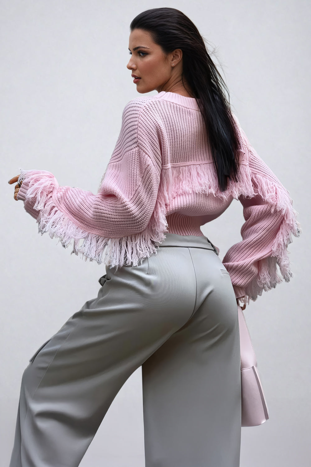 Cropped Ribbed Sweater with Fringe Detail on Sleeves - Light Pink