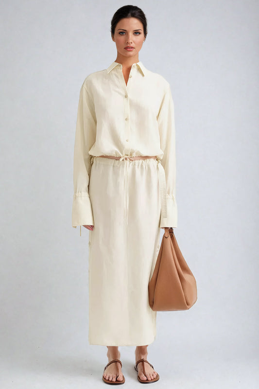 Two-Piece Set with Collared Button-Up Top and Midi Skirt - Beige