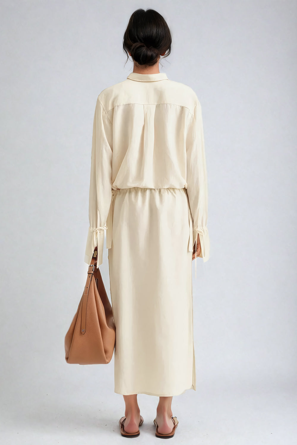 Two-Piece Set with Collared Button-Up Top and Midi Skirt - Beige