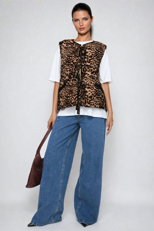 Floral Quilted Vest with Tie Detail - Brown